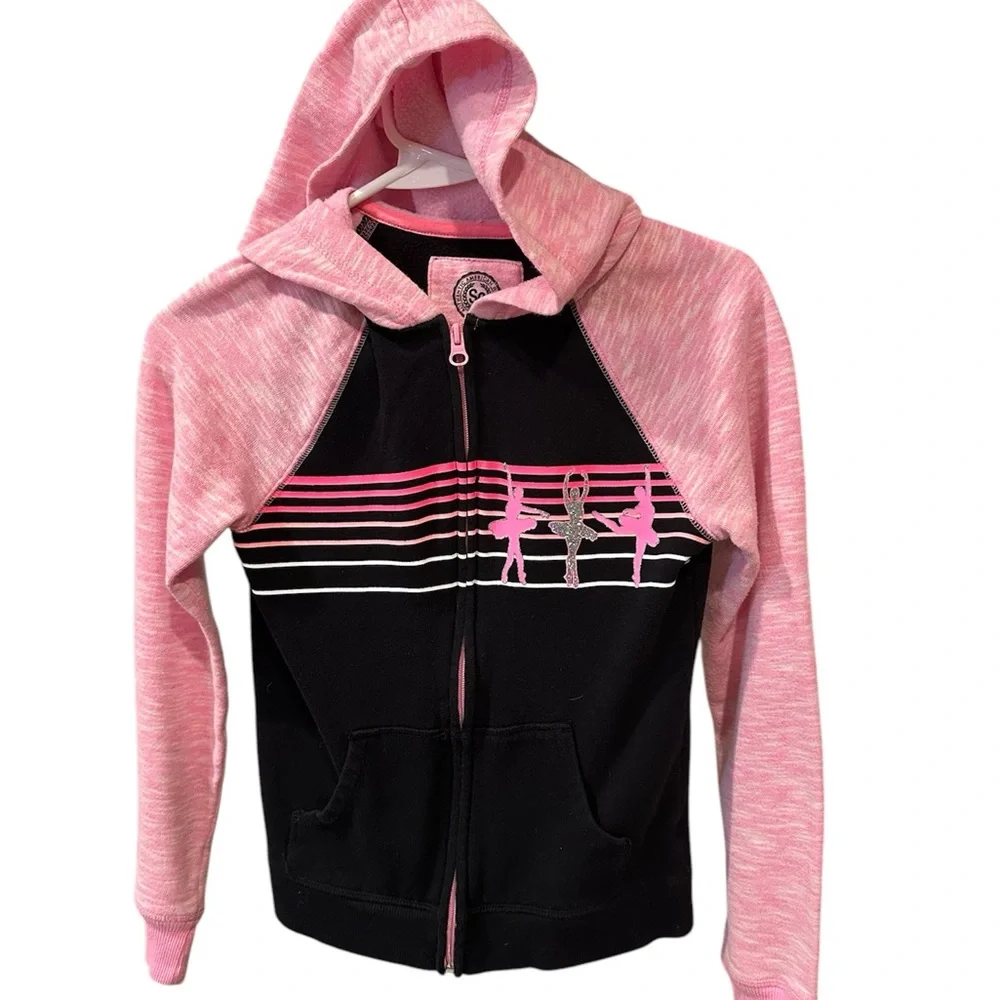SO Pink and Black Zip-Up Jacket with Hood and Graphic Design EUC